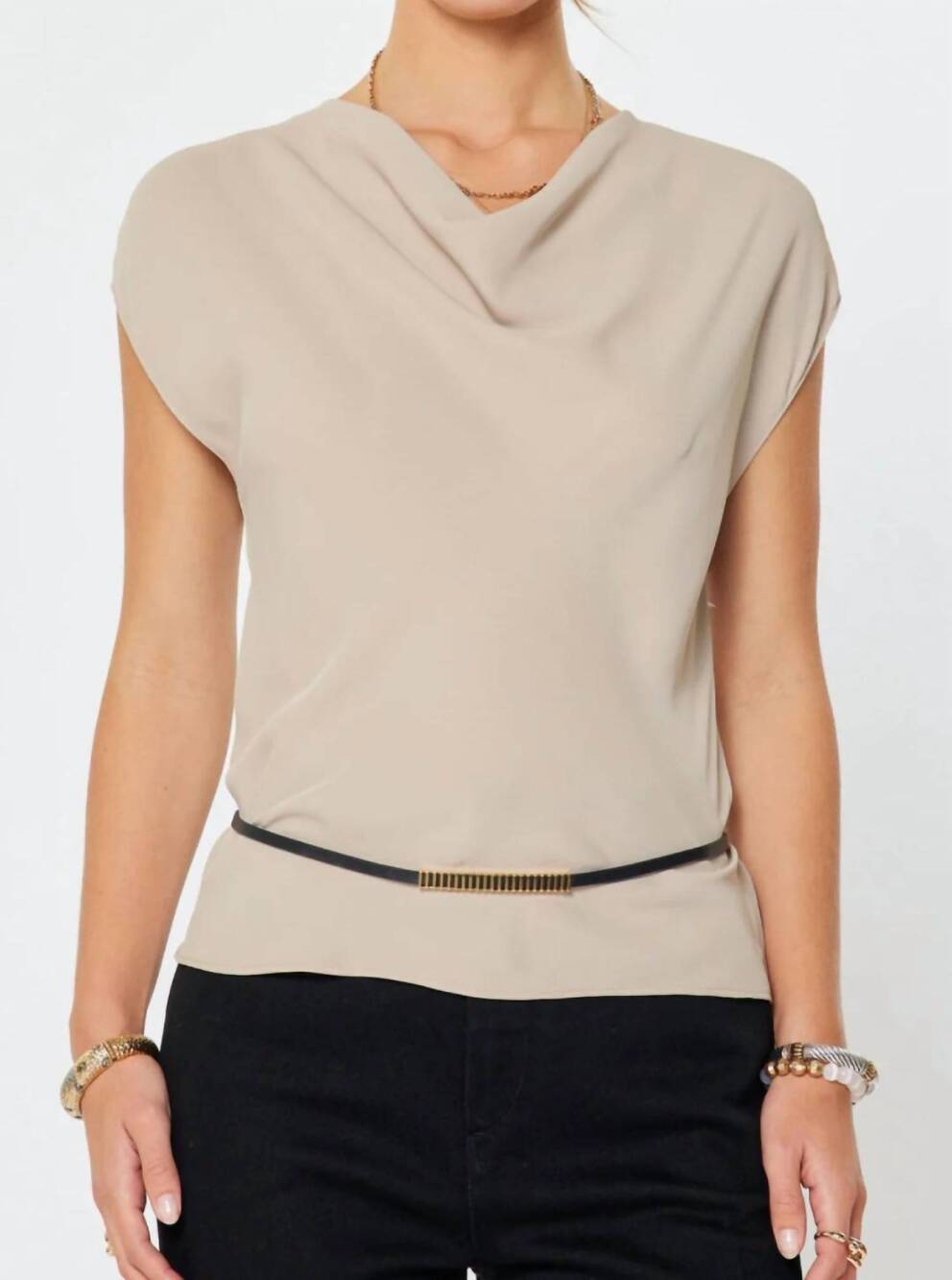 NEW CURRENT AIR draped cowl neck blouse in taupe